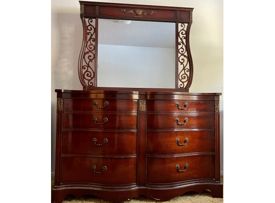 Vintage Cherry Wood 6 Drawer Beveled Front Dresser With Mirror And Urn Decor