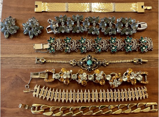 Vintage Collection Of Rhinestone Bracelets, Holly Craft 1950, Rhinestone, Gold Tone With Rhinestones, Avon