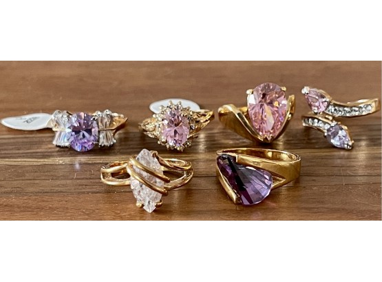 (6) Assorted Pink And Purple Stone Gold Tone Designer Costume Rings