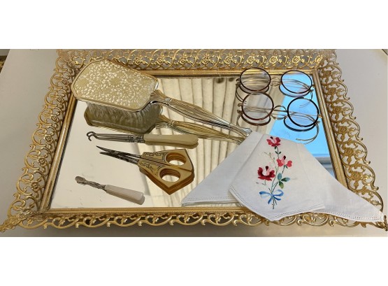 Antique Dresser Lot - Including 2 Pairs Of Gold Filled Wire Rim Glasses, Vintage Filigree Mirror Tray, & More
