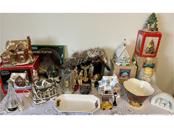 Large Collection Of Vintage Christmas Decor - Light Up Houses, Manger With Porcelain Nativity, Lenox Ornament