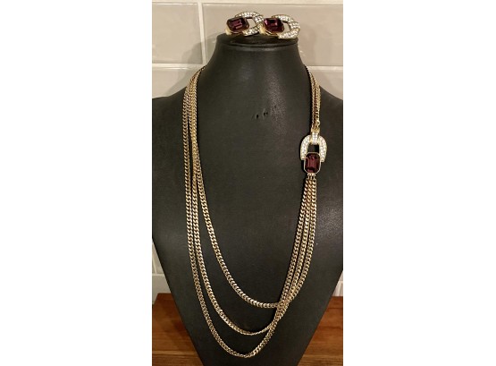 Park Lane Gold Tone Three Strand Amethyst Color Stone Medallion Necklace With Matching Clip Earrings