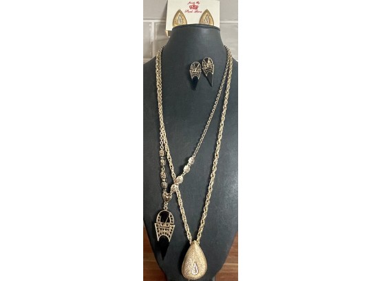 2 Sets Vintage Park Lane Gold Tone Necklace & Earring Sets - 1 Marcasite & Onyx, 1 Rhinestone With Clip Ons