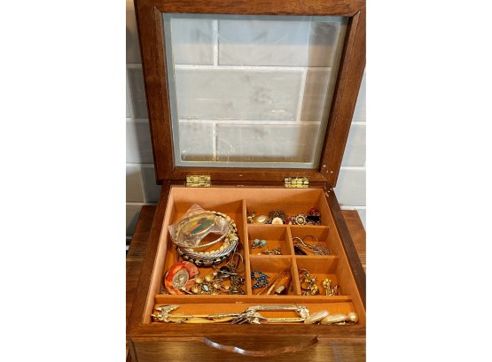 Vintage Costume Jewelry Box Filled With Assorted Jewelry - Pendants - Tie Tacs - Necklaces And More