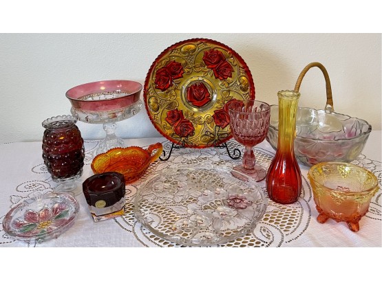 Collection Of Red & Pink Glassware -westmoreland Fairy Lamp, Crystal Candle Holder, Reverse Painted Rose Plate