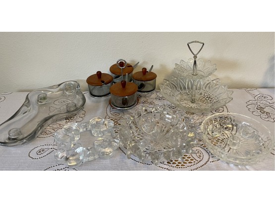 Collection Of Mid Century Modern Candle Holders, Serving Dish, And Condiment Set
