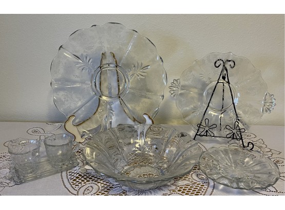Collection Of Fostoria Vintage Glassware - Bowls, Cream And Sugar With Tray, Trays, And Footed Compote