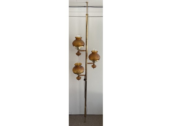 84 Inch Mid Century Modern Amber Glass Globe Gold Tone And Wood 3 Arm Pole Lamp