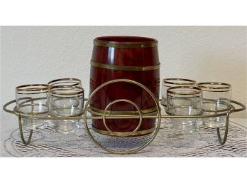 Mid Century Modern Bakelite Ice Barrel With 6 Glasses Barware Set (as Is)