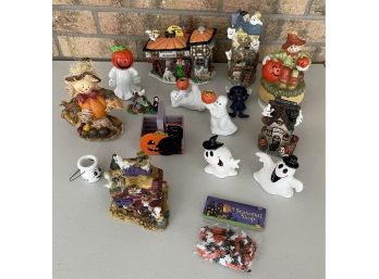 Collection Of Vintage Halloween Decor Including Houses, Ghost, Candle Holders, And A Music Box