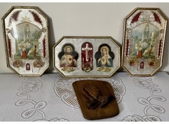 Antique Hand Made Metal Religious Diorama  - De Rosario De Fatima, And Wood Praying Hands Plaque