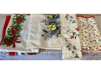 Vintage Collection Of Linen Table Clothes - Holiday, Floral, Cherries, And Flags ,one Is California Handprints