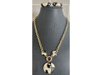 Vintage Park Lane Black & White Enamel Gold Tone With Rhinestone Necklace And Earrings