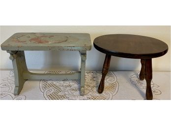 (2) Small Vintage Foot Stools, (1) Antique Adjustable Height (1) Stained Wood