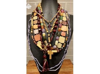 Vintage Collection Of Wood, Plastic And Stone Bead Necklaces, Enamel Cross, Squares, Round Beads And More