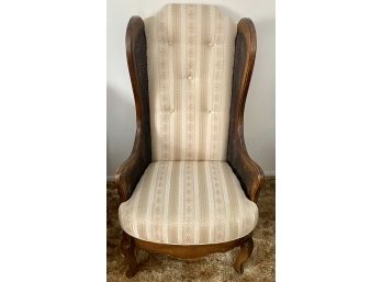 Mid Century Modern Wood And Cane Wingback Side Chair With Cream Upholstered Material
