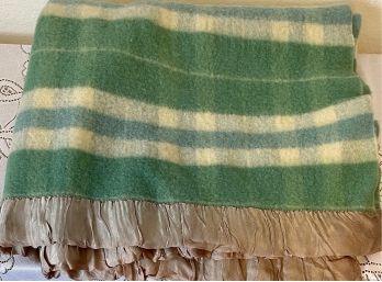 Vintage Green And Blue Striped Wool Blanket With Satin Trim