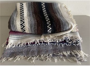 (3) Assorted Size And Pattern Wool Fringe Blankets