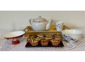 Lacquer Ware By Davar NY Japan Tray With 11 Saki Cups, Tea Pot, Tea Cup, Bamboo Tray, And Bowls