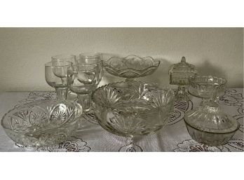 Large Clear Glass Lot - Crystal Bowl, Candy Dish, Cruets, Glasses, And More