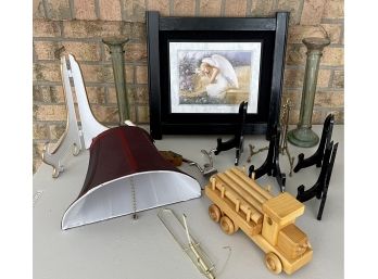Eclectic Lot Including Wood Framed Angel, Antique Candle Holders, Wood Toy Truck, Bed Lamp, Plate Racks