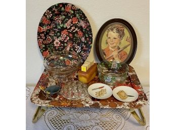 Mid Century Modern Lot - Floral Table Tray, Black Floral Serving Tray, Daily Bread Box, Candy Dish, And More