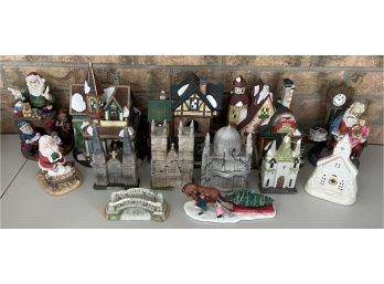 Collection Of Resin And Ceramic Christmas Figurines, Houses, Cathedrals, And More