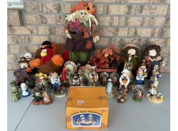 Lot Of Fall Decor Including Candles, Figurines, And Candle Holders