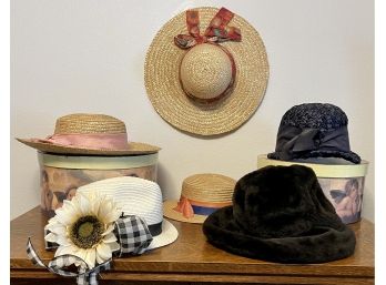 Vintage Collection Of Art Deco, Faux Fur, And Straw Hats - Abbye Brand And (2) Angel Round Hat Boxes