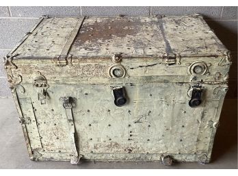 Antique White Trunk With Leather Handles And Metal Trim (for Repair)