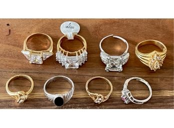 (8) Vintage Costume Gold Tone And Silver Tone Rings With Clear & Colored Stones