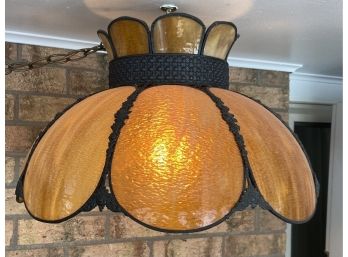 Mid Century Modern Stained Glass And Metal Framed Fixture With 12 Foot Chain And Amber Glass Globe