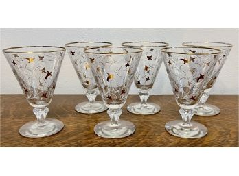 (6) Midcentury Modern Gold Trimmed Goblets With White And Gold Design