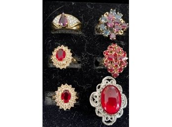6 Vintage Costume Gold Tone Colored Stone Rings - Cluster - Purple & Red Stone