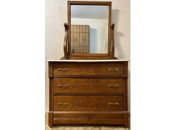 Antique Eastlake Three Drawer Marble Top Dresser With Mirror