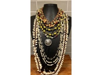 Vintage Collection Of Plastic, Glass And Shell Necklaces, Park Lane Black Leather Bolo, Shell Necklace & More