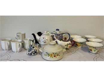 Collection Of Vintage Teapots, Cups And Saucers, Fruit Bowls, Oneida, Delft, And More