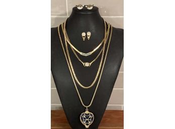 Collection Of Gold Tone Chain & Pendant Necklaces Including Park Lane, Rhinestones, Blue Heart Pendant & More