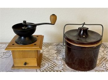 Vintage Coffee Grinder And Butter/cheese Crock