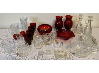 Collection Of Ruby Red Glass, Clear Crystal, Salts, Creamers, Cruets, And More