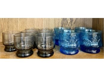 Collection Of Mid Century Modern Blue Floral And Black Stacking Juice Glasses.