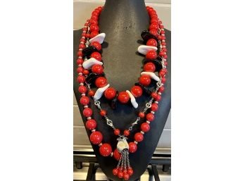 Collection Of Vintage Red  - Black And White Plastic Bead Necklaces With Silver Tone Trim