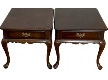 (2) Queen Anne Style Dark Wood Side Tables With Drawers