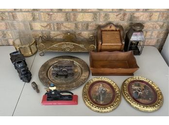 Assorted Decor Lot Including Vintage Pottery Train Planter, Metal Nutcracker, Advertising Car Bank, And More
