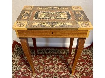 Vintage Wood Inlay And Hand Painted Music Box Table - Works (as Is)