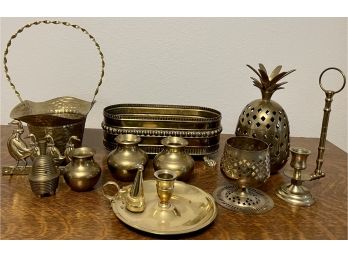 Large Collection Of Brass Pieces - Some India , Candle Holders, Vases, Basket, Pineapple, And More