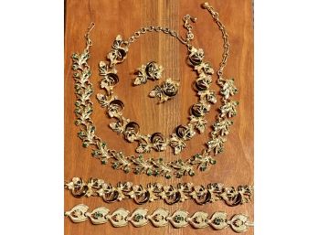 Vintage Coro Rhinestone & Silver Tone Necklace - Black And Rhinestone Necklace W Matching Bracelet - Earrings