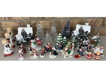 Small Christmas Decor Lot - Glass Trees, Homco Figurines, Ceramic Houses, & More