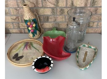 Assorted Kitchen Decor Lot - Chili Dish And Bowl, Glass Wine Cooler, Wicker Wine Bottle Cover, & More