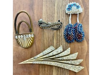Antique Collection Of Celluloid & Rhinestone Pins Brooches - Barrette & Seed Bead Pin